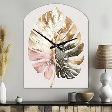 Gold And White Philodendron Leaf II - Asymmetric Metal Wall Clock